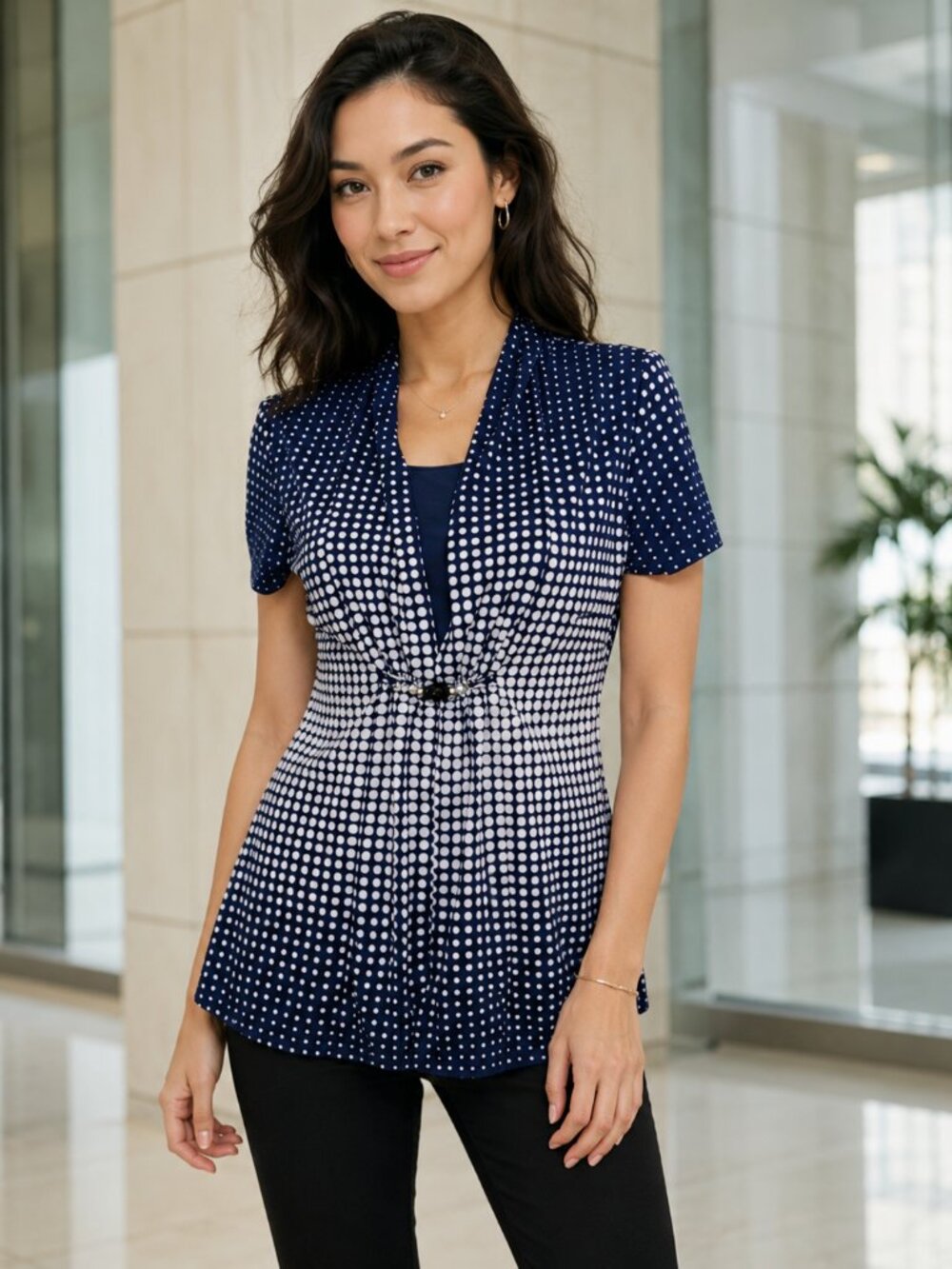 *NOTATIONS Women's Navy‎ White Polka Dot Faux Wrap Tunic Top Size S Short Sleeve